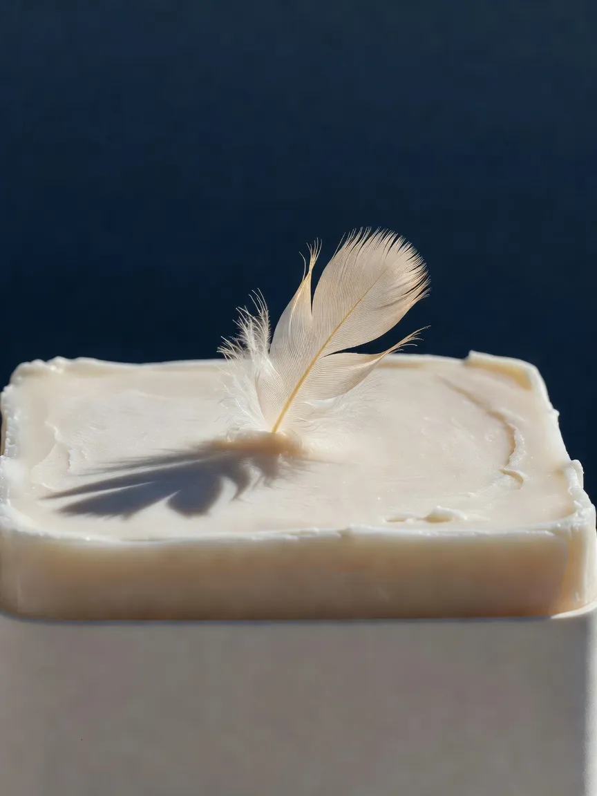 A single feather half-embedded in pale wax, lit hard from above.