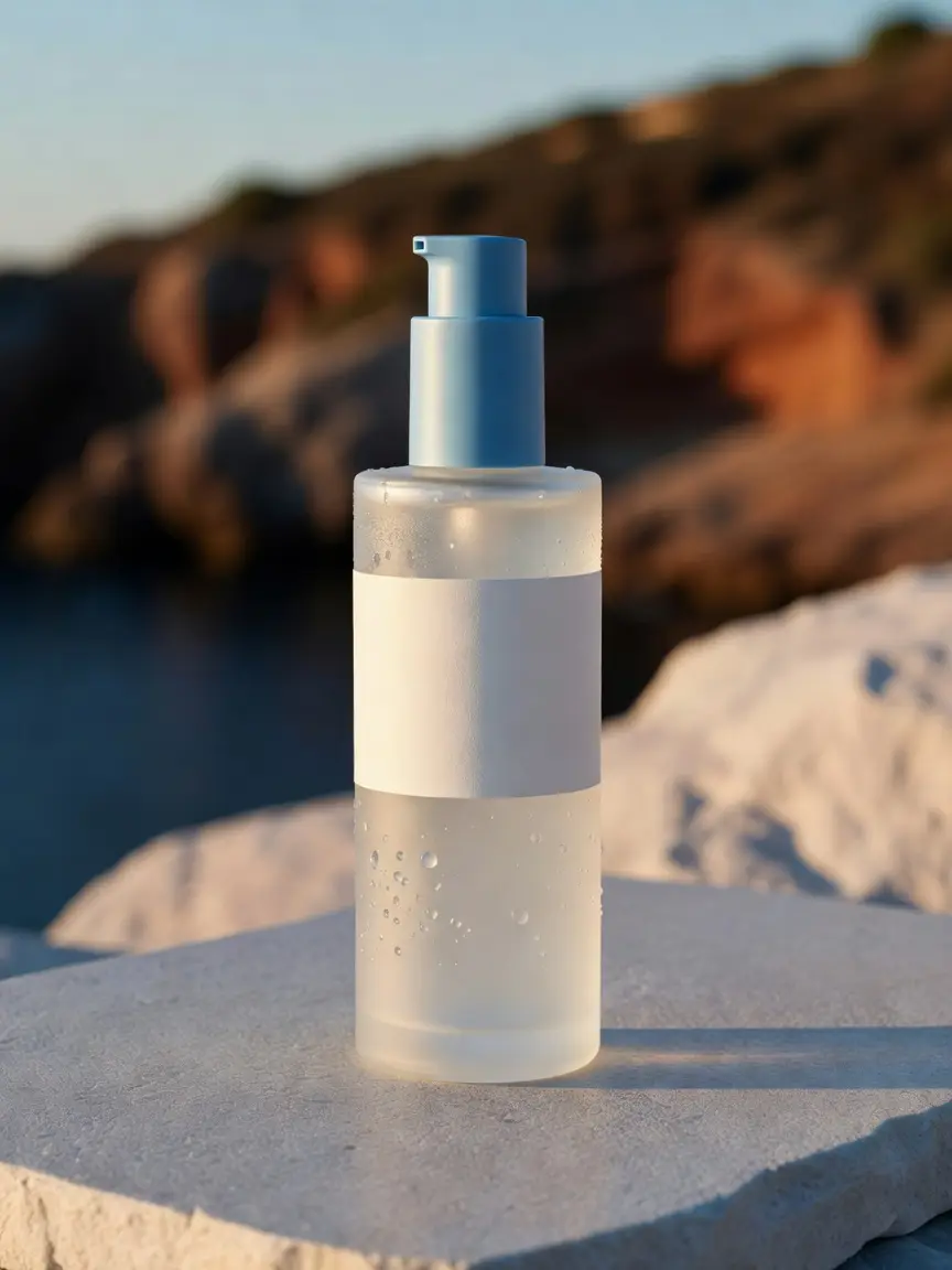 Icarus Aftersun recovery gel in a 177ml frosted bottle with a pale sea-blue pump.