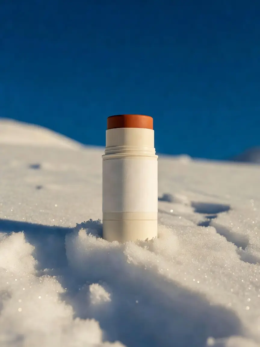 Icarus Altitude SPF 50 balm stick, a short bone-white twist tube with a terracotta cap, on snow.