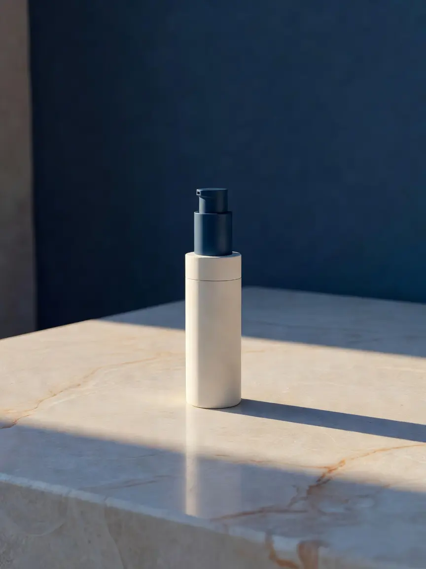 Icarus Daily SPF 30 in a slim bone-white 50ml bottle, photographed against a deep blue field.