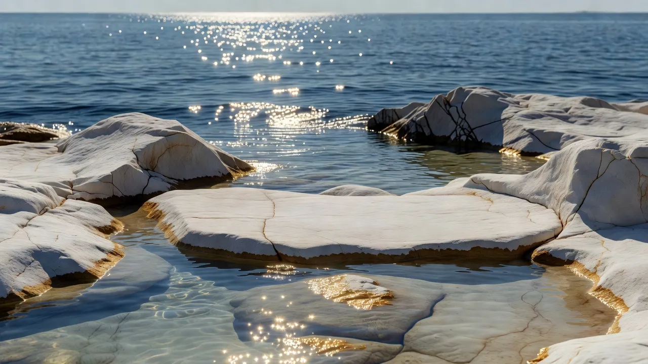 Hard midday light across pale stone and water, shadows reduced to a thin line.