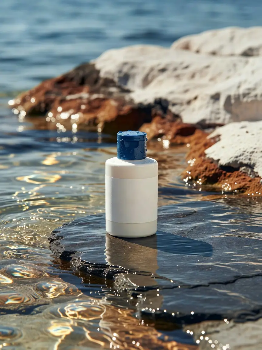 Icarus Zenith SPF 50 in a 148ml bone-white bottle with a deep blue cap, beaded with water.
